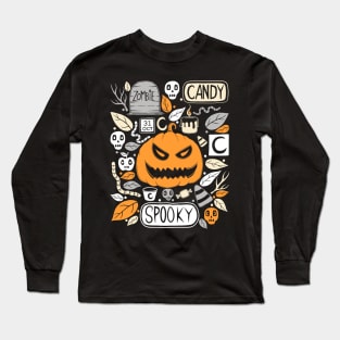 Halloween Pumpkin Tombstone Branches Skulls Zombie Candy Leaves Worms Moon Long Sleeve T-Shirt